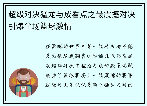 超级对决猛龙与成看点之最震撼对决引爆全场篮球激情