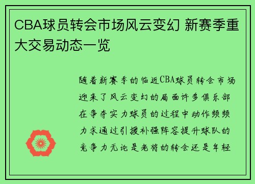 CBA球员转会市场风云变幻 新赛季重大交易动态一览